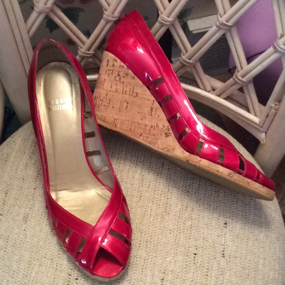 Stuart Weitzman Candy Apple Red Cork Wedges Size 8